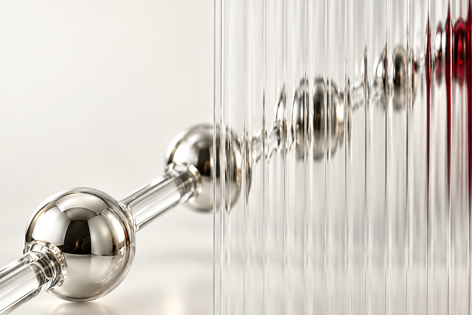 Chrome molecular sculpture behind fluted optical glass